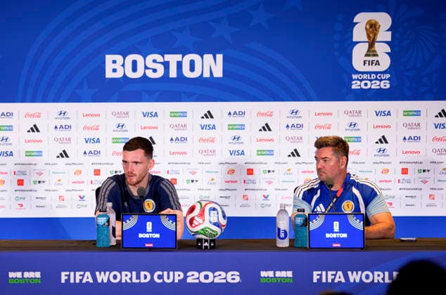 (260619) -- BOSTON, June 19, 2026 -- Scotland s captain Andrew Robertson (L) attends a press conference, PK, Pressekonferenz ahead of the group C match against Morocco at the FIFA World Cup, WM, Weltmeisterschaft, Fussball 2026 in Boston, the United States, June 18, 2026. ) (SP)U.S.-BOSTON-FOOTBALL-FIFA WORLD CUP-PRESS CONFERENCE-SCOTLAND ChenxYichen 