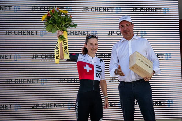 FUCHS Lea Tour de Suisse Women 2026, Stage 2; FUCHS Lea (SUI); Swiss Cycling Rider of the Day Award Ceremony; Medal Ceremony; Podium; Landscape Format; Event
