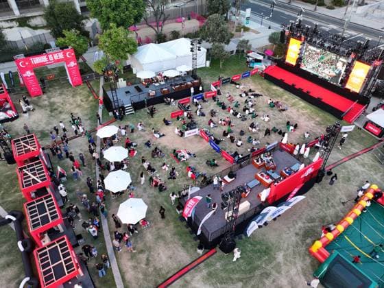 Turkiye opens World Cup fan, media zone in Los Angeles LOS ANGELES, CA - JUNE 18: An aerial view of the setup under the slogan Turkiye is Here, the 3,050-square-meter Turkish Vibe Zone at Gloria Molina Grand Park on June 18, 2026, in Los Angeles, California, United States. The venue, running through June 26, brings fans together for live match screenings, culinary events and cultural programming following the highly anticipated Turkiye-US World Cup match. Tayfun Coskun Anadolu California United States. Editorial use only. Please get in touch for any other usage.  Copyright: x2026xAnadoluxTayfunxCoskunx