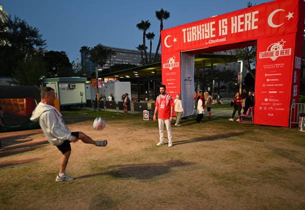 Turkiye opens World Cup fan, media zone in Los Angeles LOS ANGELES, CA - JUNE 18: A view of the setup under the slogan Turkiye is Here, the 3,050-square-meter Turkish Vibe Zone at Gloria Molina Grand Park on June 18, 2026, in Los Angeles, California, United States. The venue, running through June 26, brings fans together for live match screenings, culinary events and cultural programming following the highly anticipated Turkiye-US World Cup match. Tayfun Coskun Anadolu California United States. Editorial use only. Please get in touch for any other usage.  Copyright: x2026xAnadoluxTayfunxCoskunx