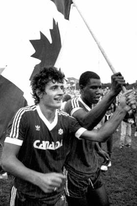 September 14, 1985, St. John s, Nf, Canada: Canadian soccer team players Paul James (left) and Randy Samuel celebrate the team s 2-1 win over Honduras in St. John s, N.L., in 1985. The win helped propel the Canadians to the 1986 World Cup. (Michael Creagan CP) Paul James, Randy Samuel  - ZUMAc35_ 19850914_zaf_c35_001 Copyright: xMichealxCreaganx