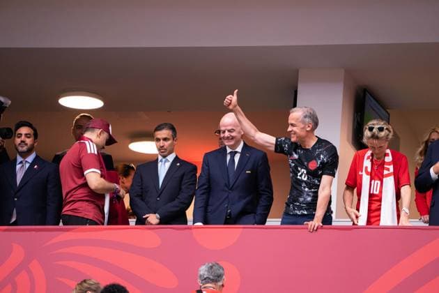VANCOUVER, CANADA - JUNE 18: FIFA President Gianni Infantino and Prime Minister of Canada Mark Carney smile together before the FIFA World Cup, WM, Weltmeisterschaft, Fussball 2026 group stage match between Canada and Qatar at BC Place Vancouver Stadium on June 18, 2026 in Vancouver, British Columbia, Canada.  Copyright: xAmyxElle SPPx Sportspressphoto_SPR170255