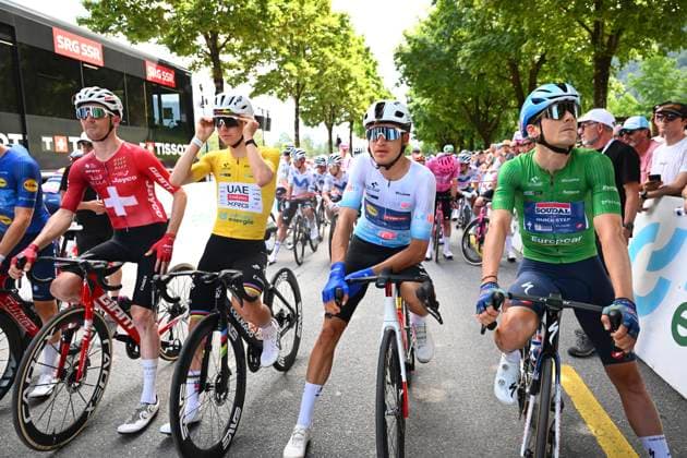 Tour de Suisse 2026 Stage 3 BAD RAGAZ, SWITZERLAND - JUNE 19 : Schmid Mauro (SUI) of Team Jayco AlUla, Pogacar Tadej (SLO) of UAE Team Emirates - XRG, Vacek Mathias (CZE) of Lidl - Trek, Vervaeke Louis (BEL) of Soudal Quick-Step during stage 3 of the 89th edition of Tour de Suisse an UCI World Tour 2.UWT cycling road race stage for Men Elite of 157.9 km with start in Bad Ragaz and finish in Bad Ragaz on June 19, 2026 in Bad Ragaz, Switzerland, 19 06 2026 ( Motordriver Guy De Vuyst - Bad Ragaz Switzerland  Copyright: xVincentxKalutx