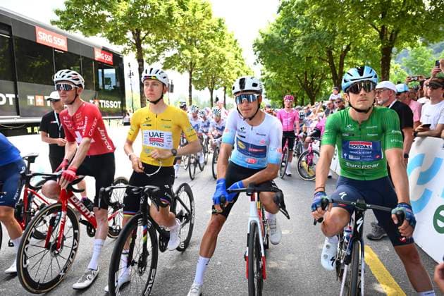 Tour de Suisse 2026 Stage 3 BAD RAGAZ, SWITZERLAND - JUNE 19 : Schmid Mauro (SUI) of Team Jayco AlUla, Pogacar Tadej (SLO) of UAE Team Emirates - XRG, Vacek Mathias (CZE) of Lidl - Trek, Vervaeke Louis (BEL) of Soudal Quick-Step during stage 3 of the 89th edition of Tour de Suisse an UCI World Tour 2.UWT cycling road race stage for Men Elite of 157.9 km with start in Bad Ragaz and finish in Bad Ragaz on June 19, 2026 in Bad Ragaz, Switzerland, 19 06 2026 ( Motordriver Guy De Vuyst - Bad Ragaz Switzerland  Copyright: xVincentxKalutx