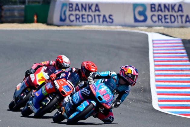 Czech Republic motorcycle Grand Prix, MotoGP World Championship, WM, Weltmeisterschaft in Brno, Czech Republic, on June 19, 2026. From left, Joel Esteban from Spain - team LevelUp MTA, Rjusei Jamanaka from Japan - team MT Helmets - MSI and Alvaro Carpe from Spain - team Red Bull KTM Ajo, Moto3 category. (CTKxPhoto VaclavxSalek) CTKPhotoP2026061905661  CTKPhotoP2026061905661