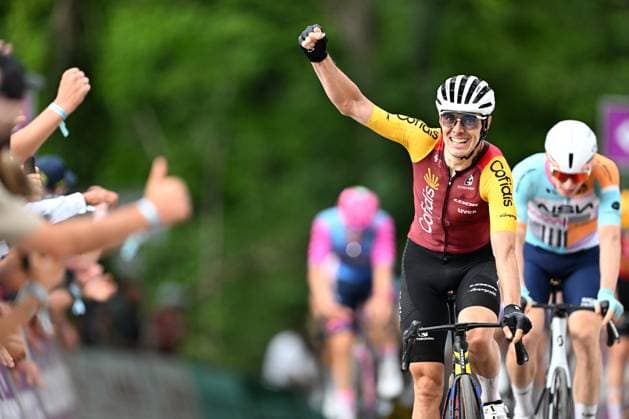 Spanish Alex Aranburu of Cofidis celebrates after winning stage 3 of the Baloise Belgium Tour cycling race, 173km from and to Durbuy, on Friday 19 June 2026. The Baloise Belgium Tour takes place from 17 to 21 June. JASPERxJACOBS  x178291163x