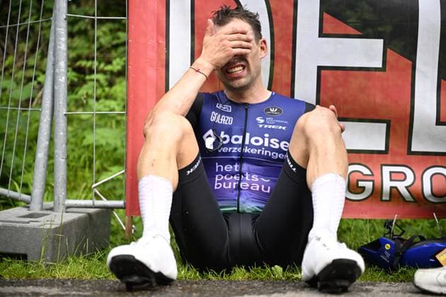 Olivier Godfroid of Baloise Verzekeringen-Het Poetsbureau Lions reacts after stage 3 of the Baloise Belgium Tour cycling race, 173km from and to Durbuy, on Friday 19 June 2026. The Baloise Belgium Tour takes place from 17 to 21 June. JASPERxJACOBS  x178292012x