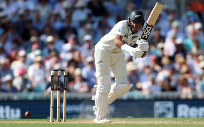 Rachin Ravindra of New Zealand bats England v New Zealand, Second Test, Day Three, Rothesay Test Match Series, Cricket, The Kia Oval, London, UK - 19 Jun 2026London Kia Oval United Kingdom EDITORIAL USE ONLY No use with unauthorised audio, video, data, fixture lists, club league logos or live services. Online in-match use limited to 120 images, no video emulation. No use in betting, games or single club league player publications.  Copyright: xKieranxMcManus Shutterstockx 16928963av