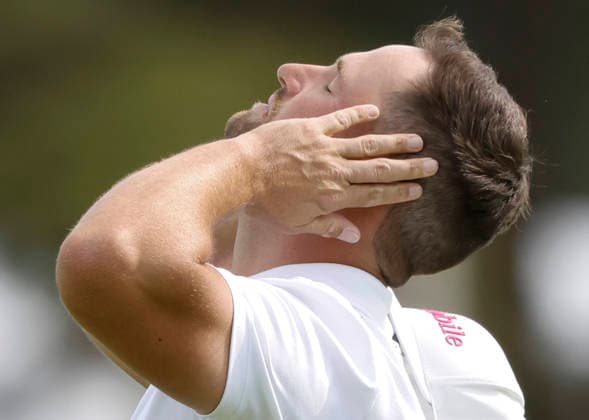 Wyndham Clark reacts after missing a putt on the 4th hole during the second round of the 126th U.S. Open Golf Championship at Shinnecock Hills Golf Club in Southampton, NY, on Friday, June 19, 2026.  NYC20260619813 JOHNxANGELILLO