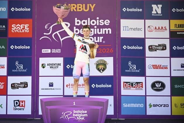 Belgian Victor Hannes of Aarco celebrates on the podium with the combativity award after stage 3 of the Baloise Belgium Tour cycling race, 173km from and to Durbuy, on Friday 19 June 2026. The Baloise Belgium Tour takes place from 17 to 21 June. JASPERxJACOBS  x178294005x