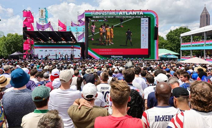 FIFA World Cup, WM, Weltmeisterschaft, Fussball 2026 - Fan Festival in Atlanta Fans pack Centennial Olympic Park to watch the Group D match USA vs Australia during the FIFA World Cup 2026, at the Fan Festival in Atlanta, Georgia, USA, 19 June 2026. ATLANTA United States  Copyright: xRONALDxWITTEKx