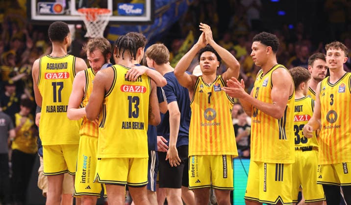The Alba team celebrates after the game. Joy, emotion, sports, basketball, BBL, Bundesliga, mens playoffs, Game 4 of the finals, 2025–2026 season, June 19, 2026