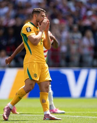 SEATTLE, WASHINGTON - JUNE 19: Mathew Leckie of Australia reacts during the FIFA World Cup, WM, Weltmeisterschaft, Fussball 2026 Group D match between USA and Australia at Seattle Stadium on June 19, 2026 in Seattle, Washington.  Copyright: xMBxMediax