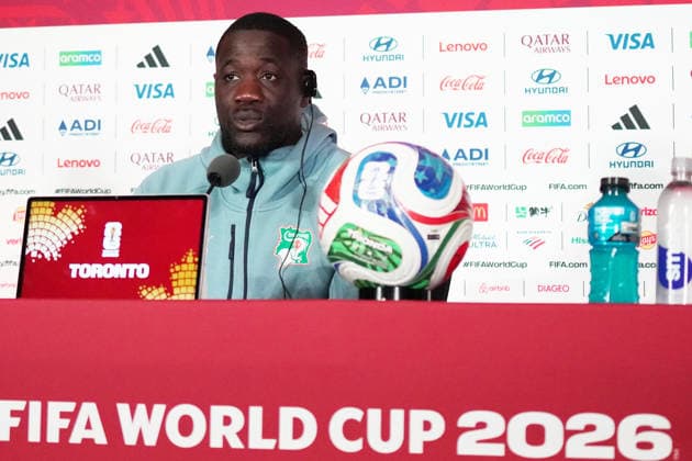Soccer, 2026 World Cup, FIFA World Cup 2026, Soccer World Cup, Canada, USA, Mexico 2026, Germany vs. Ivory Coast, Group Stage, Group E, June 19, 2026, Toronto Stadium, Canada, Press Conference, 1 day before the Germany vs. Ivory Coast match, one day before the Ivory Coast vs. Germany match, Emerse Fae, Ivory Coast Coach, Photo by Chai von der Laage. FIFA regulations prohibit any use of photographs as image sequences and or quasi-video. EDITORIAL USE ONLY,,detected_source_language