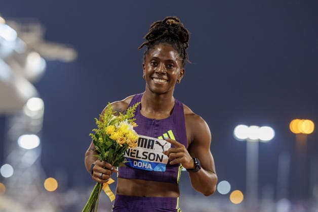 Diamond League Athletics in Doha DOHA, QATAR - JUNE 19: Jamaican athlete Kemba Nelson celebrates after finishing first in the women s 100-meter dash final during the Diamond League athletics meeting at the Suheim Bin Hamad Stadium in Doha, Qatar on June 19, 2026. Mohammed Dabbous Anadolu Doha Qatar. Editorial use only. Please get in touch for any other usage.  Copyright: x2026xAnadoluxMohammedxDabbousx