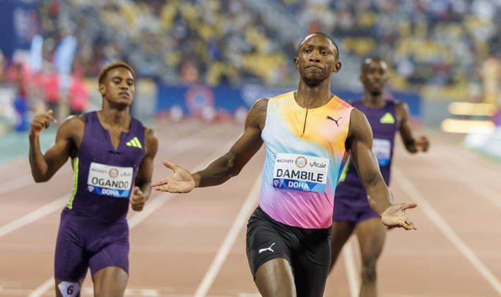 Diamond League Athletics in Doha DOHA, QATAR - JUNE 19: South African athlete Sinesipho Dambile (C) celebrates after finishing first in the men s 200-meter dash final during the Diamond League athletics meeting at the Suheim Bin Hamad Stadium in Doha, Qatar on June 19, 2026. Mohammed Dabbous Anadolu Doha Qatar. Editorial use only. Please get in touch for any other usage.  Copyright: x2026xAnadoluxMohammedxDabbousx