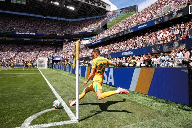 SEATTLE, WA - JUNE 19: Midfielder Paul Okon-Engstler 24 of Australia kicks the ball during the FIFA World Cup, WM, Weltmeisterschaft, Fussball 2026 Group D match between the USA and Australia on June 19, 2026 at Seattle Stadium in Seattle, Washington. (Photo by Henry Rodenburg Icon Sportswire) SOCCER: JUN 19 FIFA World Cup 26 Group D - USA vs Australia EDITORIAL USE ONLY Icon260619009