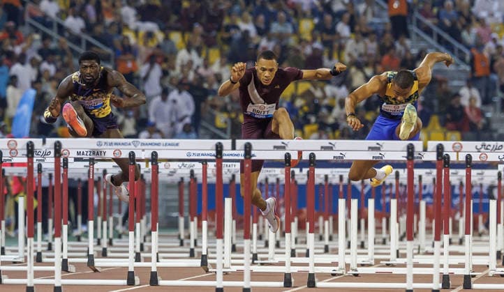Diamond League Athletics in Doha DOHA, QATAR - JUNE 19: Athletes compete in the men s 110-meter hurdles final during the Diamond League athletics meeting at the Suheim Bin Hamad Stadium in Doha, Qatar on June 19, 2026. Mohammed Dabbous Anadolu Doha Qatar. Editorial use only. Please get in touch for any other usage.  Copyright: x2026xAnadoluxMohammedxDabbousx