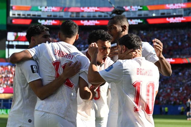 Scotland v Morocco - FIFA World Cup, WM, Weltmeisterschaft, Fussball 2026 - Group C FOXBOROUGH, USA - JUNE 19: Ismael Saibari (11) of Morocco celebrates with teammates after scoring a goal the 2026 FIFA World Cup First Stage Group C match between Scotland and Morocco at Gillette Stadium (Boston Stadium) in Foxborough, Massachusetts, United States on June 19, 2026. Abdulhamid Hosbas Anadolu Massachusetts United States. Editorial use only. Please get in touch for any other usage.  Copyright: x2026xAnadoluxAbdulhamidxHosbasx