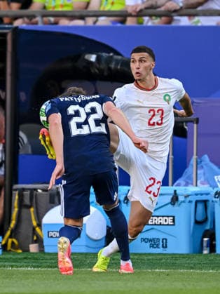 Nathan Patterson of Scotland and Bilal El Khannouss of Morocco battle for the ball during the 2026 FIFA World Cup Group C match between Scotland and Morocco at Boston Stadium on June 19, 2026, in Boston, United States. Photo by Harry Langer, DeFodi Images,detected_source_language
