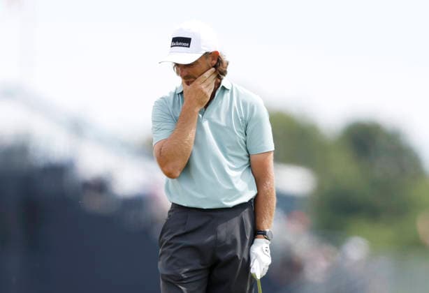 Tommy Fleetwood of England reacts after hitting an approach shot to the second hole in the second round of the 126th U.S. Open Golf Championship at Shinnecock Hills Golf Club in Southampton, NY on Friday, June 19, 2026.  NYC202606191005 JOHNxANGELILLO