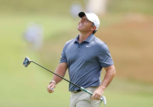 Rory McIlroy of Northern Ireland reacts after putting on the 3rd hole in the second round of the 126th U.S. Open Golf Championship at Shinnecock Hills Golf Club in Southampton, NY on Friday, June 19, 2026.  NYC202606191006 JOHNxANGELILLO