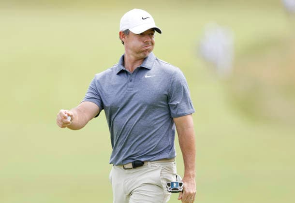 Rory McIlroy of Northern Ireland reacts after putting on the 3rd hole in the second round of the 126th U.S. Open Golf Championship at Shinnecock Hills Golf Club in Southampton, NY on Friday, June 19, 2026.  NYC202606191011 JOHNxANGELILLO