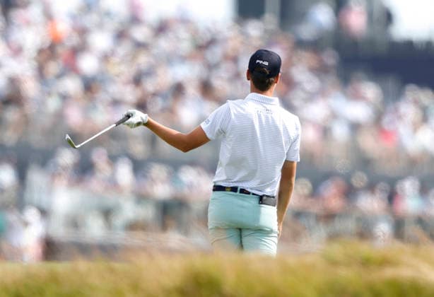 Mason Howell reacts after hitting his second shot on the 16th hole in the second round of the 126th U.S. Open Golf Championship at Shinnecock Hills Golf Club in Southampton, NY on Friday, June 19, 2026.  NYC202606191019 JOHNxANGELILLO