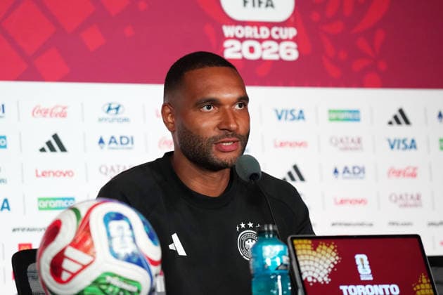 Fussball , Weltmeisterschaft 2026, FIFA WM 2026, Fussball World Cup , Canada USA, Mexico-2026, , Deutschland vs ElfenbeinKüste Germany vs Ivory Coast, Gruppenphase, Gruppen E , 19 .06.2026, Toronto Stadium Kanada, press conference, PK, Pressekonferenz Presse Konferenz , 1 Tag vor dem Spiel Deutschland vs Elfenbeinküste , one day before the Match Germany vs Ivory coast Jonathan Tah Deutschland, Germany GER Foto Chai von der Laage FIFA regulations prohibit any use of photographs as image sequences and or quasi-video. EDITORIAL USE ONLY, *** Soccer, 2026 World Cup, FIFA World Cup 2026, Soccer World Cup, Canada, USA, Mexico 2026, Germany vs. Ivory Coast, Group Stage, Group E, June 19, 2026, Toronto Stadium, Canada, Press Conference, 1 day before the Germany vs. Ivory Coast match, one day before the match Germany vs. Ivory Coast, Jonathan Tah, Germany (GER), Photo