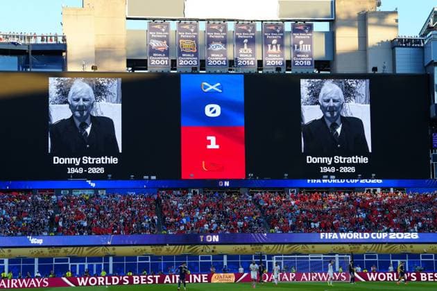 Tribute to Donny Strathie in the 76th minute Scotland v Morocco, 2026 FIFA World Cup, WM, Weltmeisterschaft, Fussball Group C, Football, Boston Stadium, Foxborough, Massachusetts, USA - 19 Jun 2026Foxborough Boston Stadium Massachusetts (MA) United States of America EDITORIAL USE ONLY No use with unauthorised audio, video, data, fixture lists, club league logos or live services. Online in-match use limited to 120 images, no video emulation. No use in betting, games or single club league player publications.  Copyright: xJavierxGarcia Shutterstockx 16928932dk