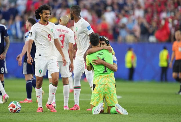 Yassine Bounou (Morocco) and Achraf Hakimi (Morocco) celebrate after the match between Scotland and Morocco in Group C of the 2026 FIFA World Cup at Boston Stadium in Boston, USA, on June 19, 2026. Photo by Thor Wegner, DeFodi Images,detected_source_language