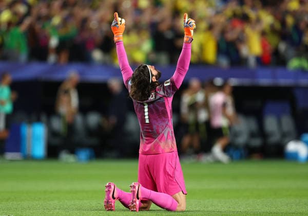 Philadelphia, USA, 19th June 2026. Alisson Becker of Brazil celebrates after Matheus Cunha (not pictured) of Brazil scores to make it 1-0 during the Brazil vs Haiti FIFA World Cup, WM, Weltmeisterschaft, Fussball match at Lincoln Financial Field, Philadelphia. Picture credit should read: Paul Terry Sportimage EDITORIAL USE ONLY. No use with unauthorised audio, video, data, fixture lists, club league logos or live services. Online in-match use limited to 120 images, no video emulation. No use in betting, games or single club league player publications. SPI_044_PT_Brazil_Haiti SPI-4846-0044