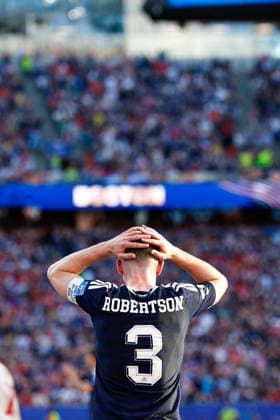 June 19, 2026; Foxborough, Massachusetts, USA; Scotland defender Andy Robertson (3) rues a missed opportunity during a FIFA World Cup, WM, Weltmeisterschaft, Fussball 2026 Group C match between Scotland and Morocco at Boston Stadium. (c) CSM FIFA World Cup 2026: Scotland Vs Morocco JUN 19  - ZUMAc04_ 20260619_zma_c04_060 Copyright: xBurtxGranofskyx