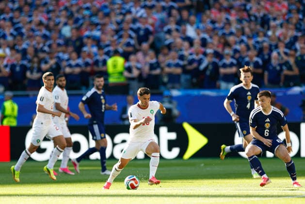 June 19, 2026; Foxborough, Massachusetts, USA; Morocco forward Brahim Diaz (10) attacks the ball during a FIFA World Cup, WM, Weltmeisterschaft, Fussball 2026 Group C match between Scotland and Morocco at Boston Stadium. (c) CSM - ZUMAc04_ 20260619_zma_c04_056 Copyright: xBurtxGranofskyx