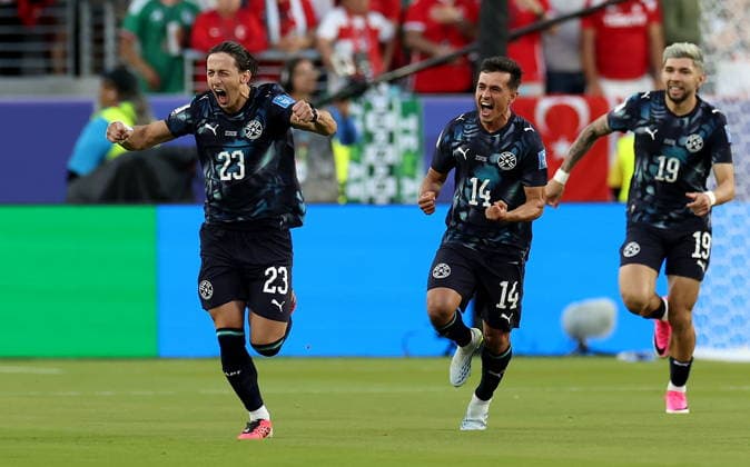 FIFA World Cup, WM, Weltmeisterschaft, Fussball 2026 - Group D - Turkey vs Paraguay Matias Galarza (L) of Paraguay celebrates after scoring the opening goal during the FIFA World Cup 2026 group stage match Turkey against Paraguay, in San Francisco, USA, 19 June 2026. SAN FRANCISCO United States  Copyright: xBENJAMINxFANJOYx