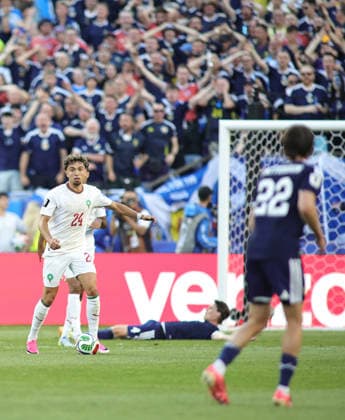 June 19, 2026, Foxborough, Massachusetts, USA: Fans react as Morocco midfielder Neil El Aynaoui (24) and Morocco defender Chadi Riad (18) control the ball after a Scottish player falls during the June 19th FIFA World Cup, WM, Weltmeisterschaft, Fussball 2026 matchup between Scotland and Morocco at Gillette Stadium in Foxborough, Massachusetts. FIFA World Cup 2026: Scotland 0:1 Morocco  - ZUMAs325 20260619_zsp_s325_102 Copyright: xJessxStilesx