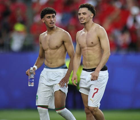 June 19, 2026, Foxborough, Massachusetts, USA: Morocco forward AYOUBE AMAIMOUNI-ECHGHOUYAB (21) and Morocco midfielder CHEMSDINE TALBI (7) after the June 19th FIFA World Cup, WM, Weltmeisterschaft, Fussball 2026 matchup between Scotland and Morocco at Gillette Stadium in Foxborough. World Cup 2026: Group C: Morocco 1:0 Scotland  - ZUMAs325 20260619_zsp_s325_145 Copyright: xJessxStilesx