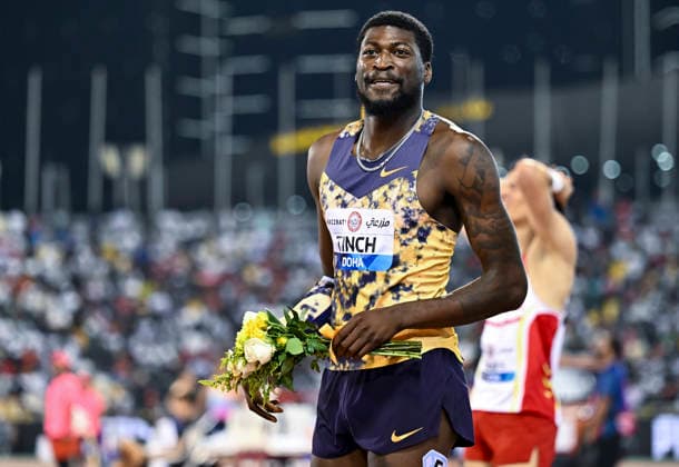 Doha Diamond League 2026 Cordell Tinch of the United States celebrates after winning the men s 110m Hurdles final at the Diamond League Doha Meeting 2026 competition at Suheim Bin Hamad Stadium in Doha, Qatar, on May 19, 2026. DOHA Qatar Copyright: xNOUSHADx