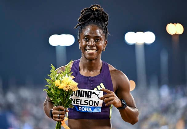 Doha Diamond League 2026 Kemba Nelson of Jamaica celebrates after winning the women s 100m final at the Diamond League Doha Meeting 2026 competition at Suheim Bin Hamad Stadium in Doha, Qatar, on May 19, 2026. DOHA Qatar Copyright: xNOUSHADx