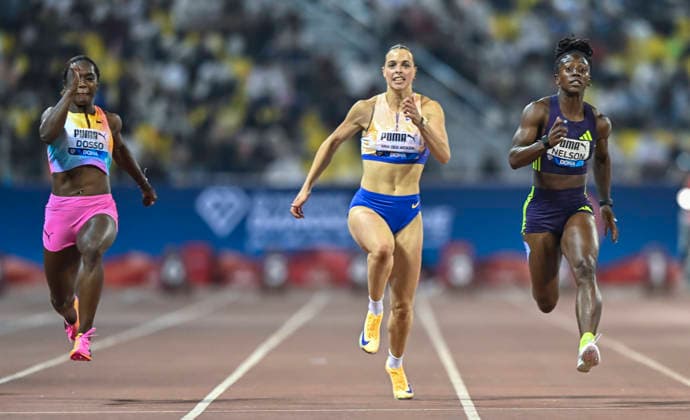 Doha Diamond League 2026 Kemba Nelson (R) of Jamaica and Patrizia van der Weken (C) of Luxembourg competes in the women s 100m final at the Diamond League Doha Meeting 2026 competition at Suheim Bin Hamad Stadium in Doha, Qatar, on May 19, 2026. DOHA Qatar Copyright: xNOUSHADx