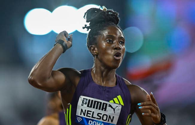 Doha Diamond League 2026 Kemba Nelson of Jamaica celebrates after winning the women s 100m final at the Diamond League Doha Meeting 2026 competition at Suheim Bin Hamad Stadium in Doha, Qatar, on May 19, 2026. DOHA Qatar Copyright: xNOUSHADx