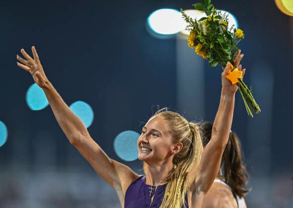 Doha Diamond League 2026 Addison Wiley of the United States celebrates after winning the women s 800m final at the Diamond League Doha Meeting 2026 competition at Suheim Bin Hamad Stadium in Doha, Qatar, on May 19, 2026. DOHA Qatar Copyright: xNOUSHADx
