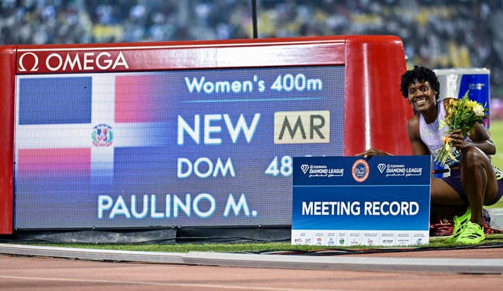 Doha Diamond League 2026 Marileidy Paulino of Dominican Republic poses with the new meeting record after the women s 400m final at the Diamond League Doha Meeting 2026 competition at Suheim Bin Hamad Stadium in Doha, Qatar, on May 19, 2026. DOHA Qatar Copyright: xNOUSHADx