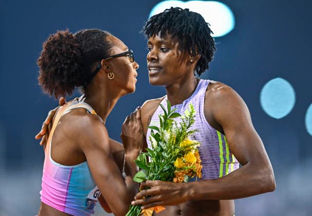 Doha Diamond League 2026 Marileidy Paulino (R) of Dominican Republic celebrates after winning the women s 400m final at the Diamond League Doha Meeting 2026 competition at Suheim Bin Hamad Stadium in Doha, Qatar, on May 19, 2026. DOHA Qatar Copyright: xNOUSHADx
