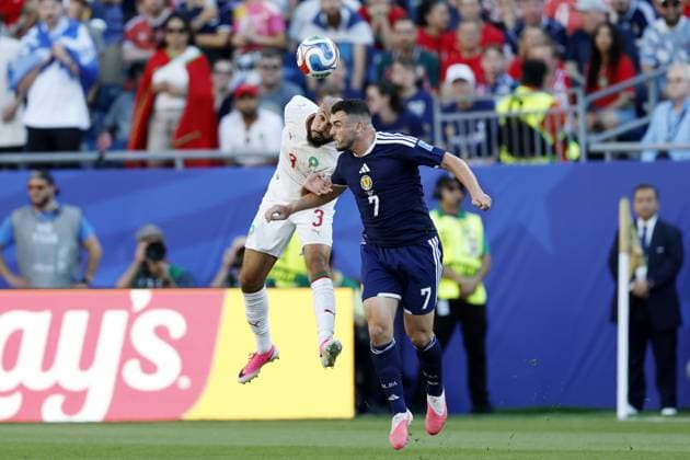 FOXBOROUGH - (LR) Noussair Mazraoui of Morocco, John McGinn of Scotland during the FIFA 2026 World Cup Group C match between Scotland and Morocco at Boston Stadium on June 20, 2026 in Foxborough, United States. MAURICE VAN STEEN ANP FIFA World Cup, WM, Weltmeisterschaft, Fussball 2026 2026 xVIxANPxSportx xMauricexvanxSteenxIVx 561485705 originalFilename: 561485705.jpg