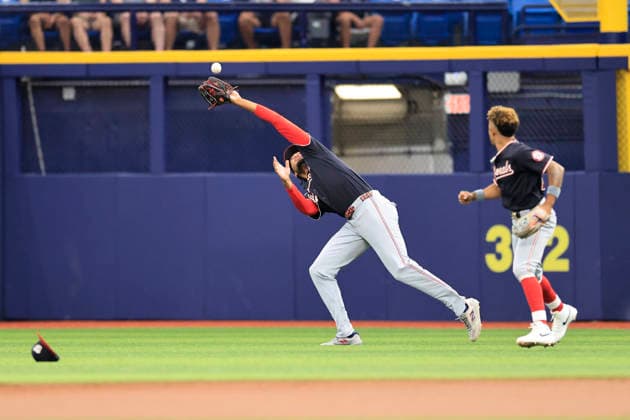 June 19, 2026, St. Petersburg, Florida, USA: Washington Nationals right fielder James Wood (29) catches a fly ball off the bat of Tampa Bay Rays designated hitter Yandy DoÂ­az (2) during an MLB, Baseball Herren, USA game on June 19, 2026 at Tropicana Field. The Rays beat the Nationals 5-2. MLB 2026: Washington Nationals 2 : 5 Tampa Bay Rays  - ZUMAh180 20260619_zsp_h180_025 Copyright: xKimxHukarix