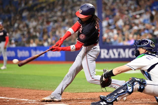 June 19, 2026, St. Petersburg, Florida, USA: Washington Nationals shortstop CJ Abrams (5) grounds out to Tampa Bay Rays first baseman Jonathan Aranda (8) during an MLB, Baseball Herren, USA game on June 19, 2026 at Tropicana Field. The Rays beat the Nationals 5-2. MLB 2026: Washington Nationals 2 : 5 Tampa Bay Rays  - ZUMAh180 20260619_zsp_h180_071 Copyright: xKimxHukarix
