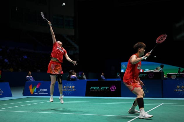 MACAO, CHINA - JUNE 19: Liao Lixi and Shen Shiyao of China compete in the Women s Doubles Quarterfinal match against Chen Fan Shutian and Liu Jiayue of China on day 4 of Macao Open Badminton 2026 at Macao East Asian Games Dome on June 19, 2026 in Macao, China.  Copyright: xVCGx 111649291824
