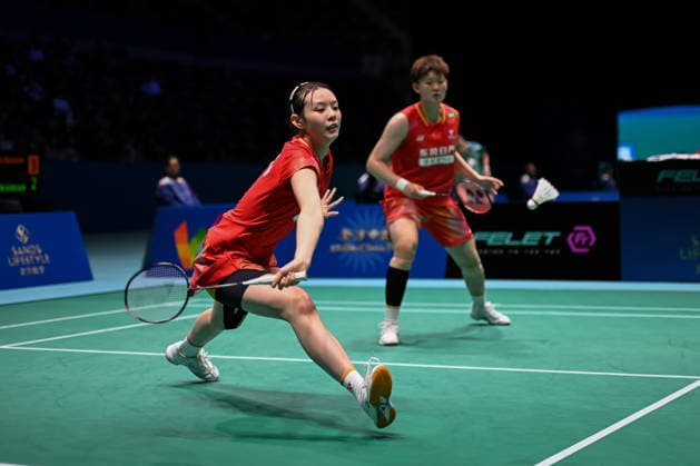 MACAO, CHINA - JUNE 19: Liao Lixi and Shen Shiyao of China compete in the Women s Doubles Quarterfinal match against Chen Fan Shutian and Liu Jiayue of China on day 4 of Macao Open Badminton 2026 at Macao East Asian Games Dome on June 19, 2026 in Macao, China.  Copyright: xVCGx 111649291828