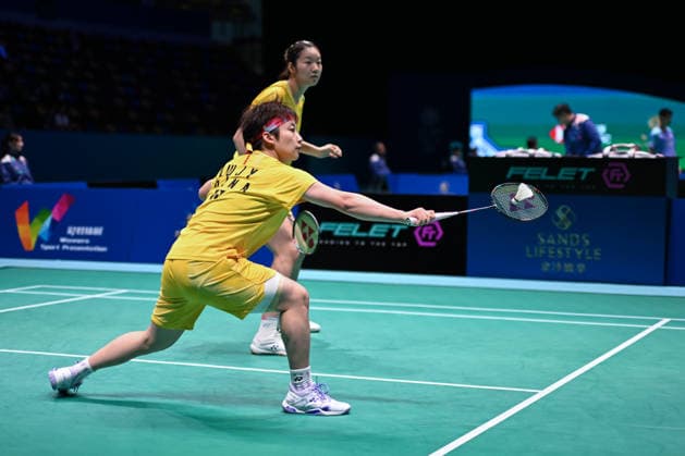 MACAO, CHINA - JUNE 19: Chen Fan Shutian and Liu Jiayue of China compete in the Women s Doubles Quarterfinal match against Liao Lixi and Shen Shiyao of China on day 4 of Macao Open Badminton 2026 at Macao East Asian Games Dome on June 19, 2026 in Macao, China.  Copyright: xVCGx 111649291814